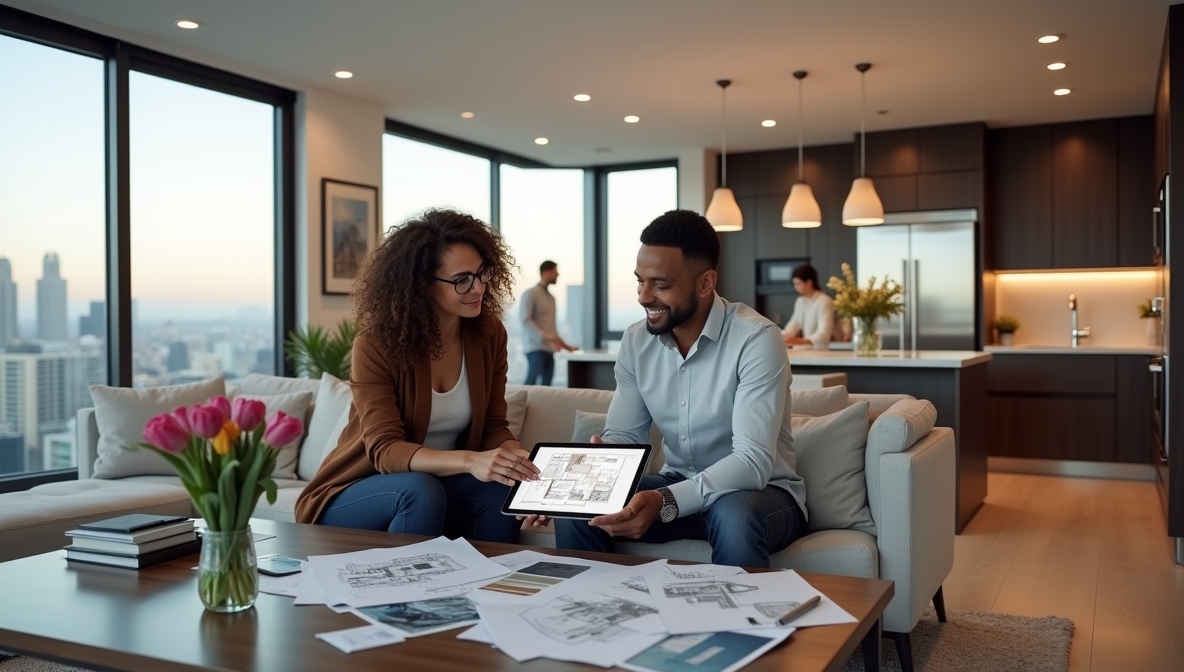 Our Materials Geometric collage of renovation materials - concrete, wood, marble, metal